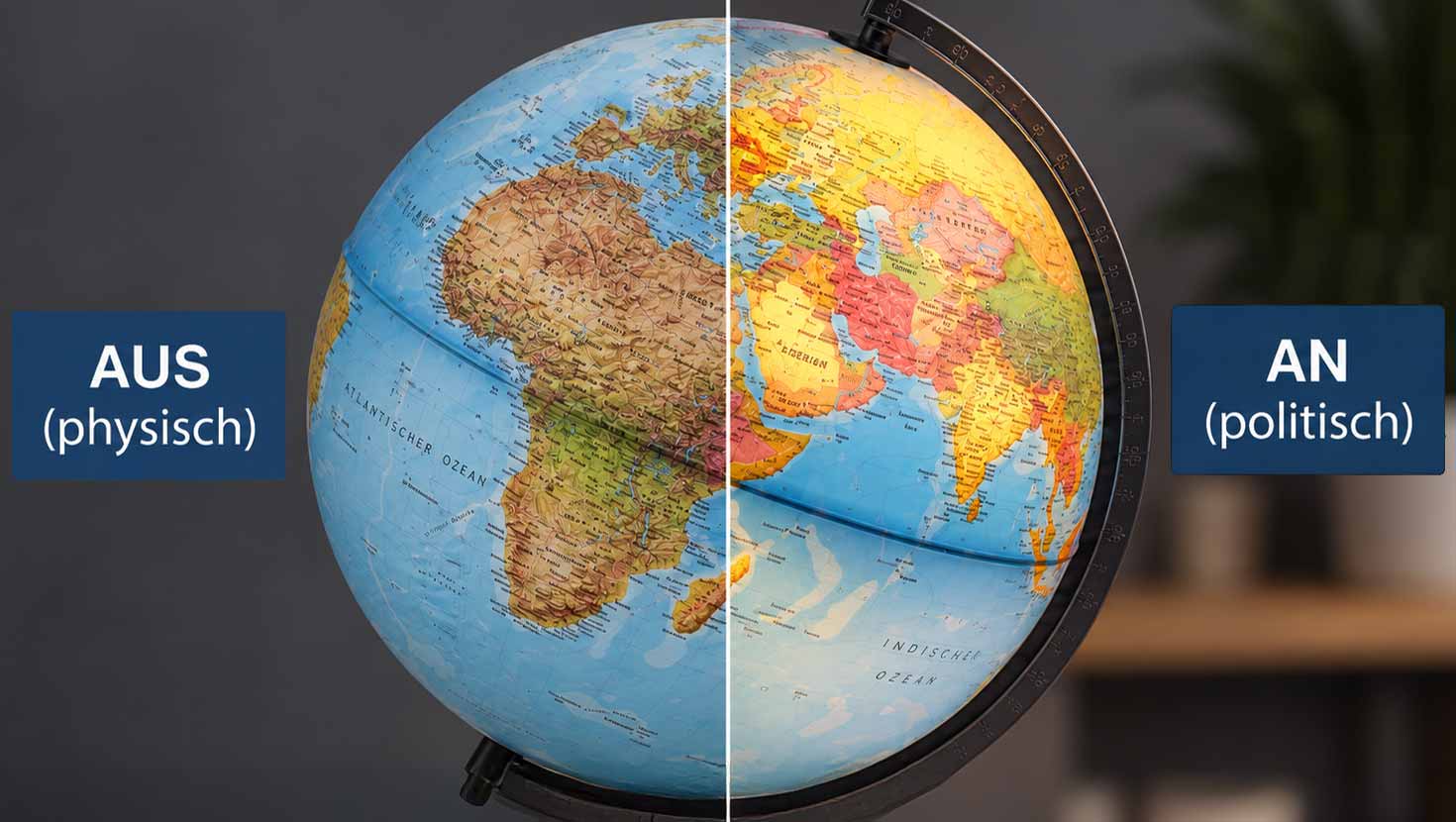 Doppelbildglobus – zwei Kartenbilder in einem Globus Doppelbildglobus mit physischem und politischem Kartenbild bei ein- und ausgeschalteter Beleuchtung