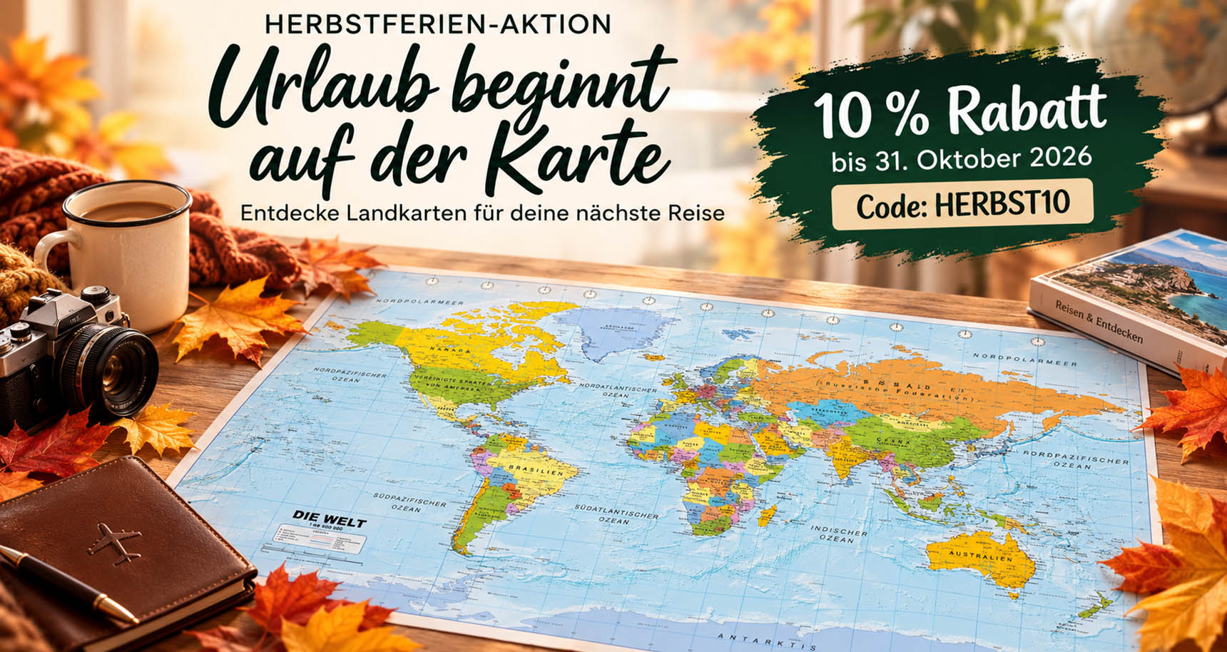 Herbstferien - Reiseplanung mit Weltkarten und Landkarten Herbstferien-Aktion – 10 % Rabatt auf Landkarten bis 31. Oktober 2026