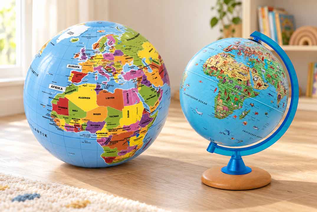 Children’s globes and inflatable globes for playful learning A children’s globe with animal illustrations and an inflatable globe in a bright child’s room