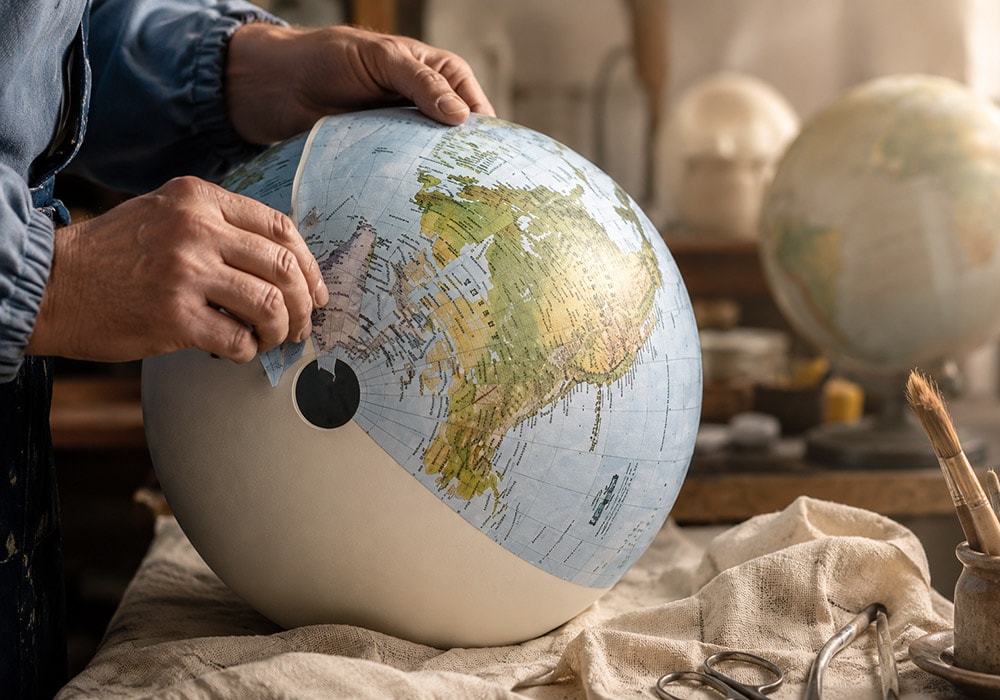 Premium handcrafted globes A globe being handcrafted using traditional globe-making techniques